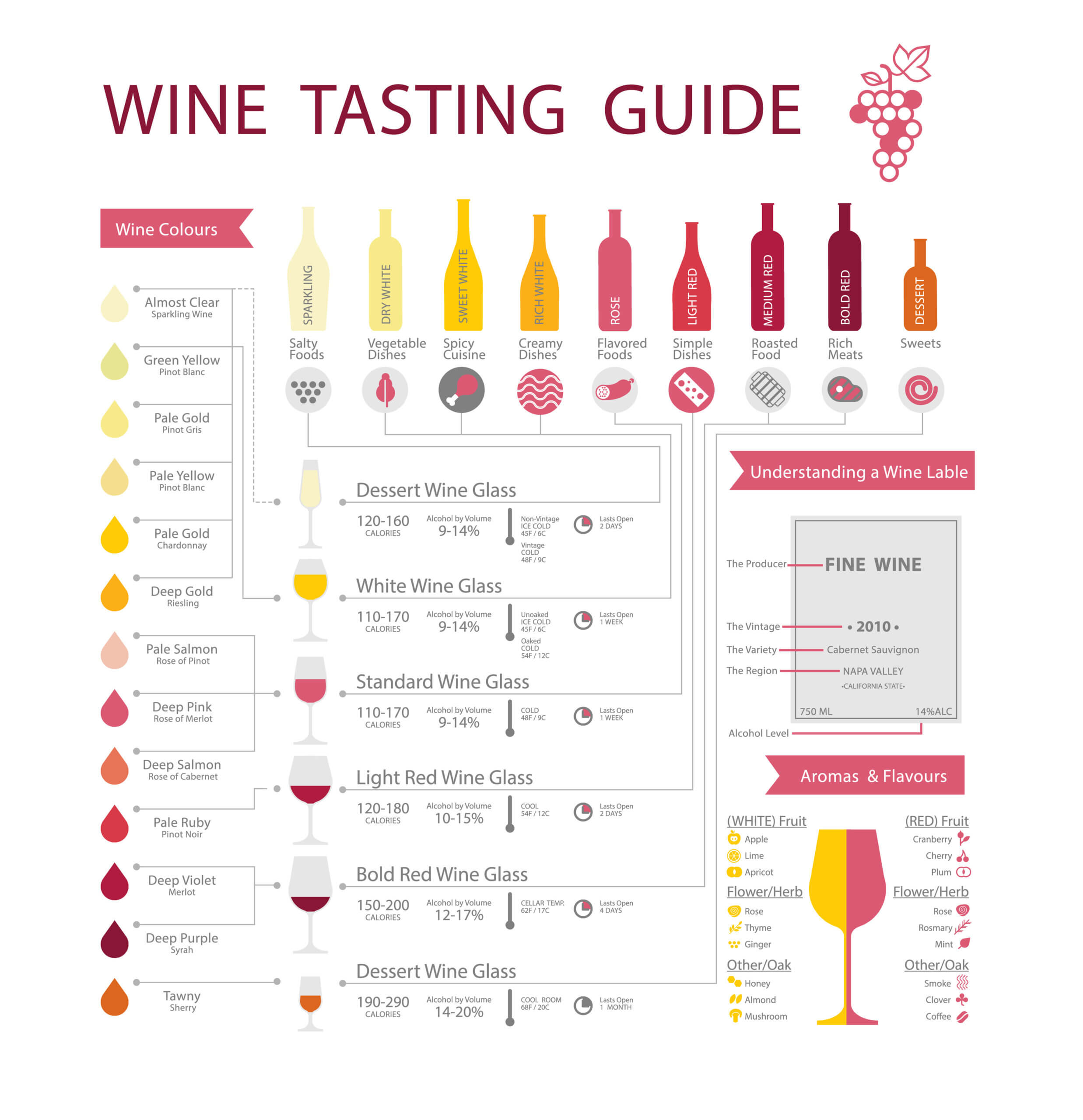 Wine Tasting Guide. Wine infographics with food pairing, bottle and glass type, wine types and colours.