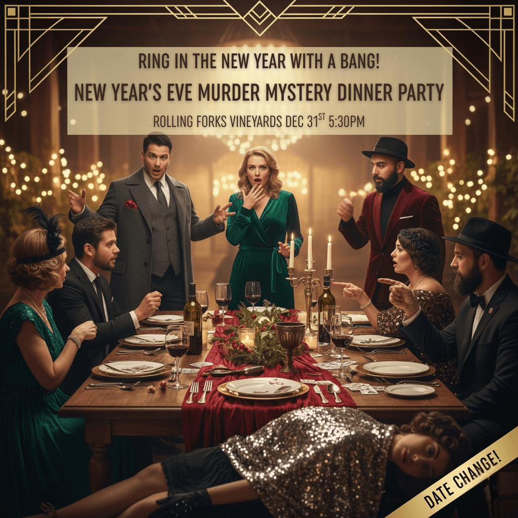 New Year's Eve Event, NYE Dinner Party, Murder Mystery, NYE Celebration, Glenwood, MN, Rolling Forks Vineyards, Unique New Year's Eve, Date Night