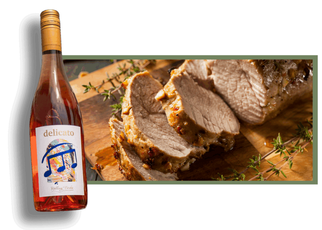 Delicato, a dry rose' wine from Rolling Forks Vineyards, Glenwood, Paired with grilled pork loin.Minnesota