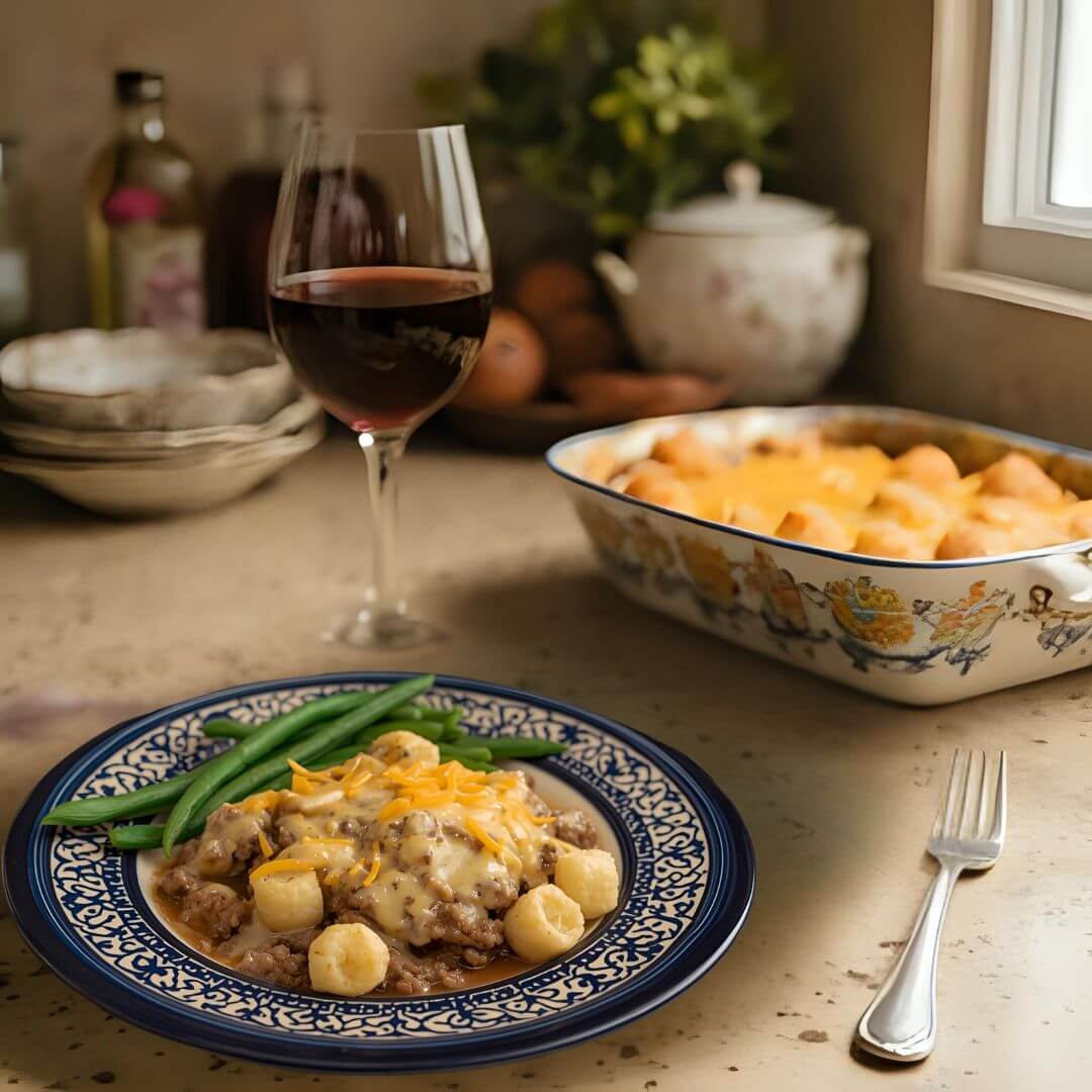 Tater Tot Hotdish paired with Red Wine from Rolling Forks Vineyards, Glenwood, Minnesota