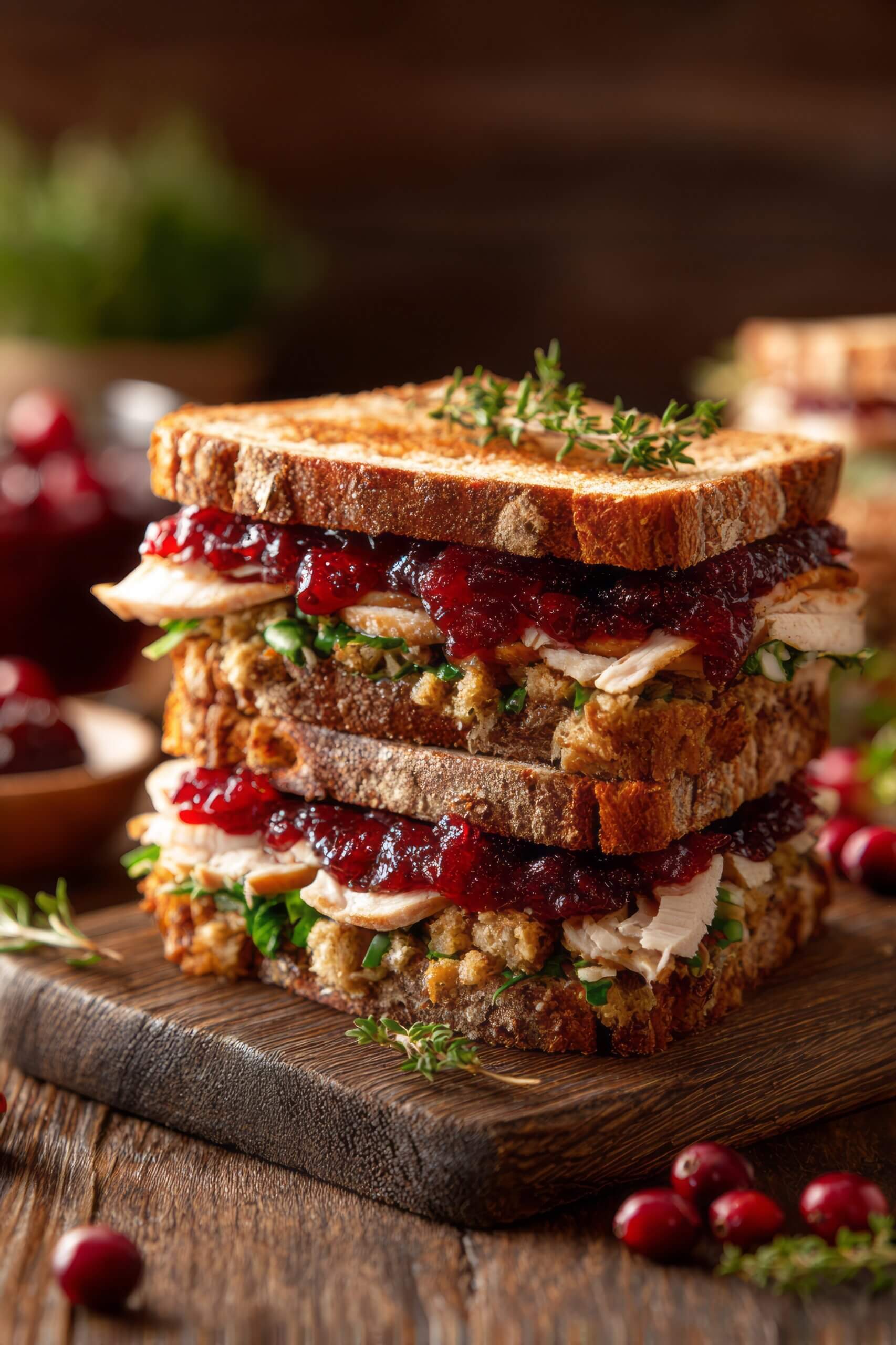 Delicious turkey sandwich with cranberry sauce and greens on rustic wooden table. Gourmet turkey sandwich layered with stuffing, cranberry sauce, and greens, concept of fresh lunch.