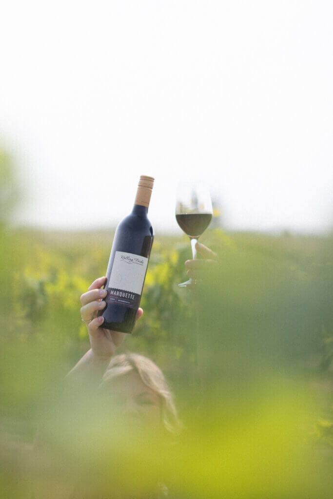 Marquette: A bottle of Rolling Forks Vineyards Marquette, a dry oaked red wine, displayed with a Gold medal award.