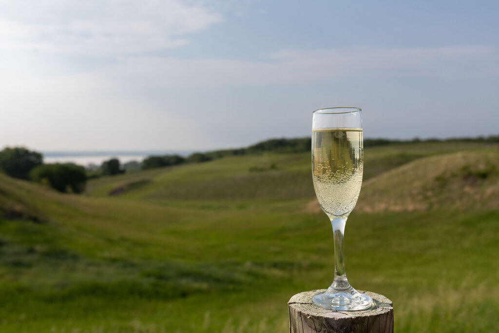 Bubbles in the Sparkling wine overlooking Lake Minnewaska at Rolling Forks Vineyards, Glenwood Minnesota