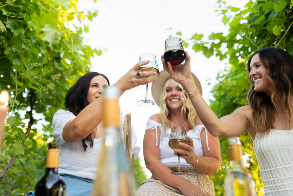 Friends, Ladies enjoying a picnic in the vineyards and drinking Rolling Forks Vineyards award-winning wines