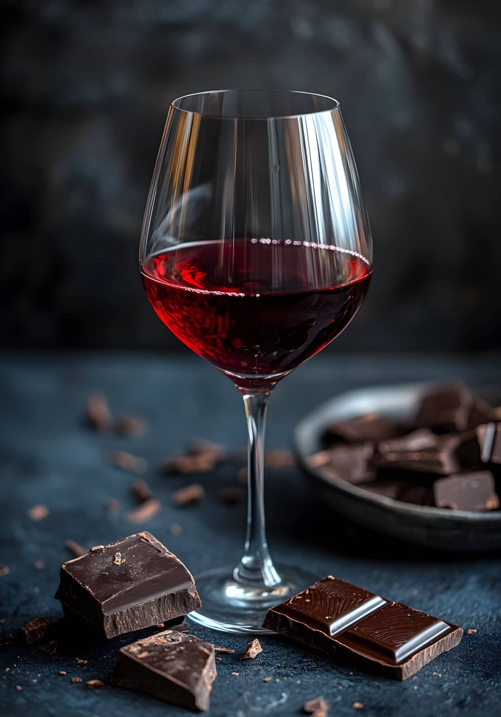 A rich red wine glass paired with dark chocolate, creating a perfect indulgence for connoisseurs and dessert lovers alike.