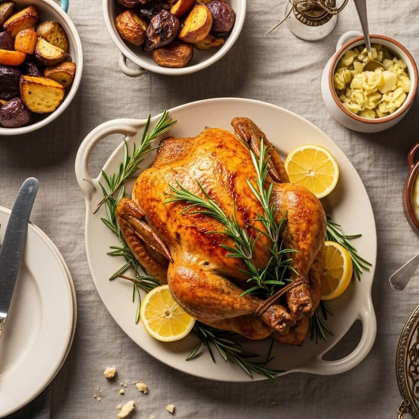 Roasted chicken dinner with sides of roasted potatoes, mashed potatoes, and a salad.