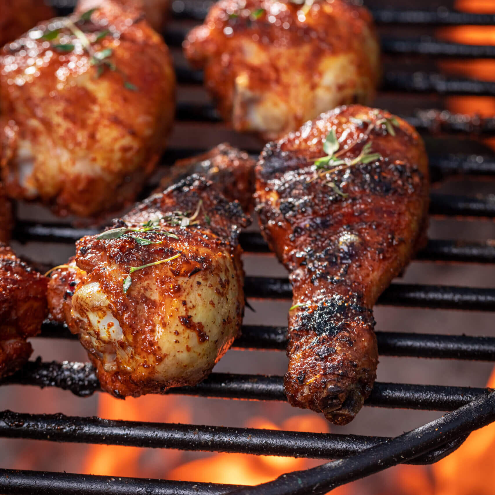 Hot roasted chicken leg on grill grate with fire. Grilled chicken leg on grate with fire.