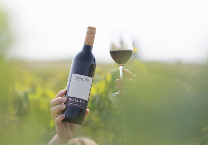 Marquette: A bottle of Rolling Forks Vineyards Marquette, a dry oaked red wine, displayed with a Gold medal award.