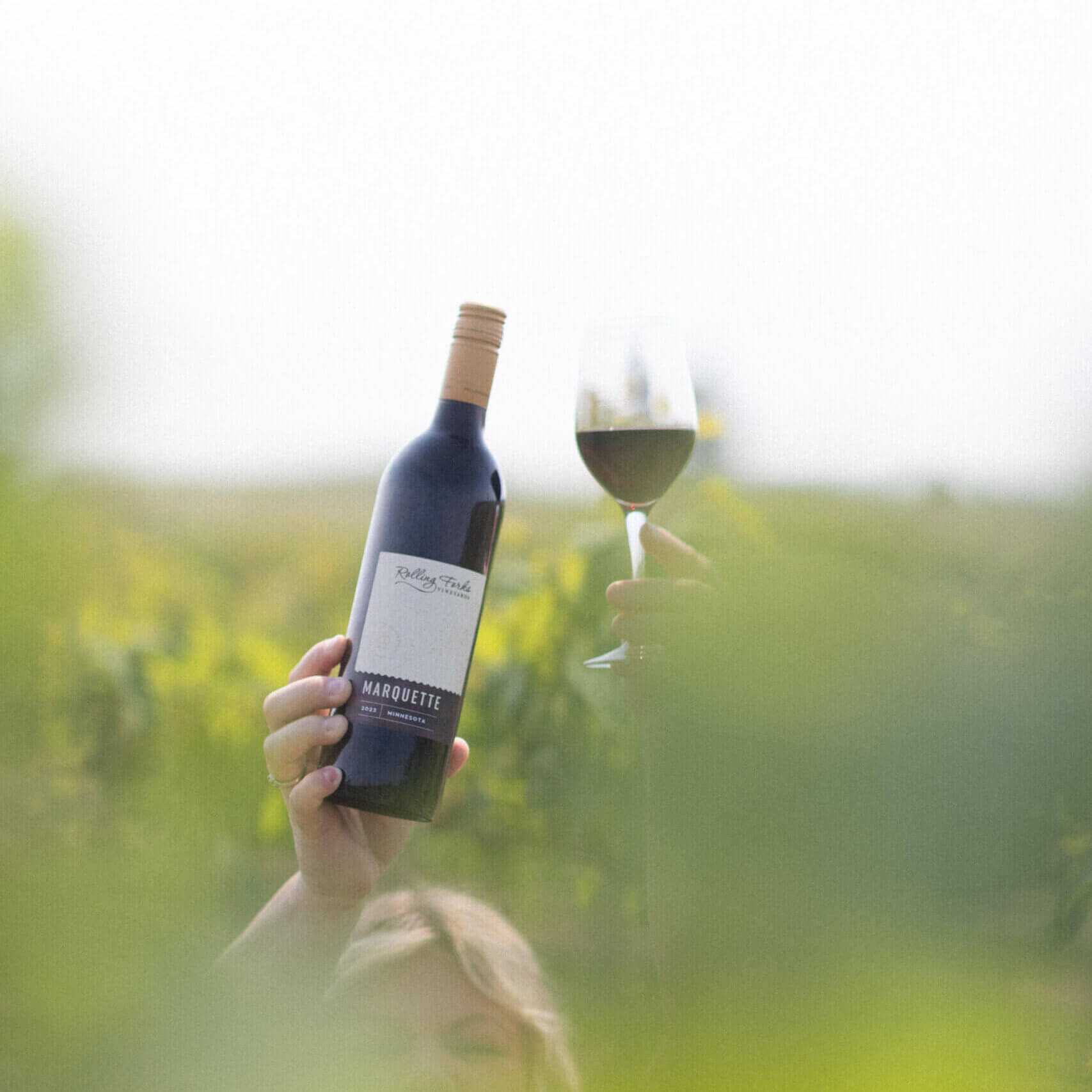 Marquette: A bottle of Rolling Forks Vineyards Marquette, a dry oaked red wine, displayed with a Gold medal award.