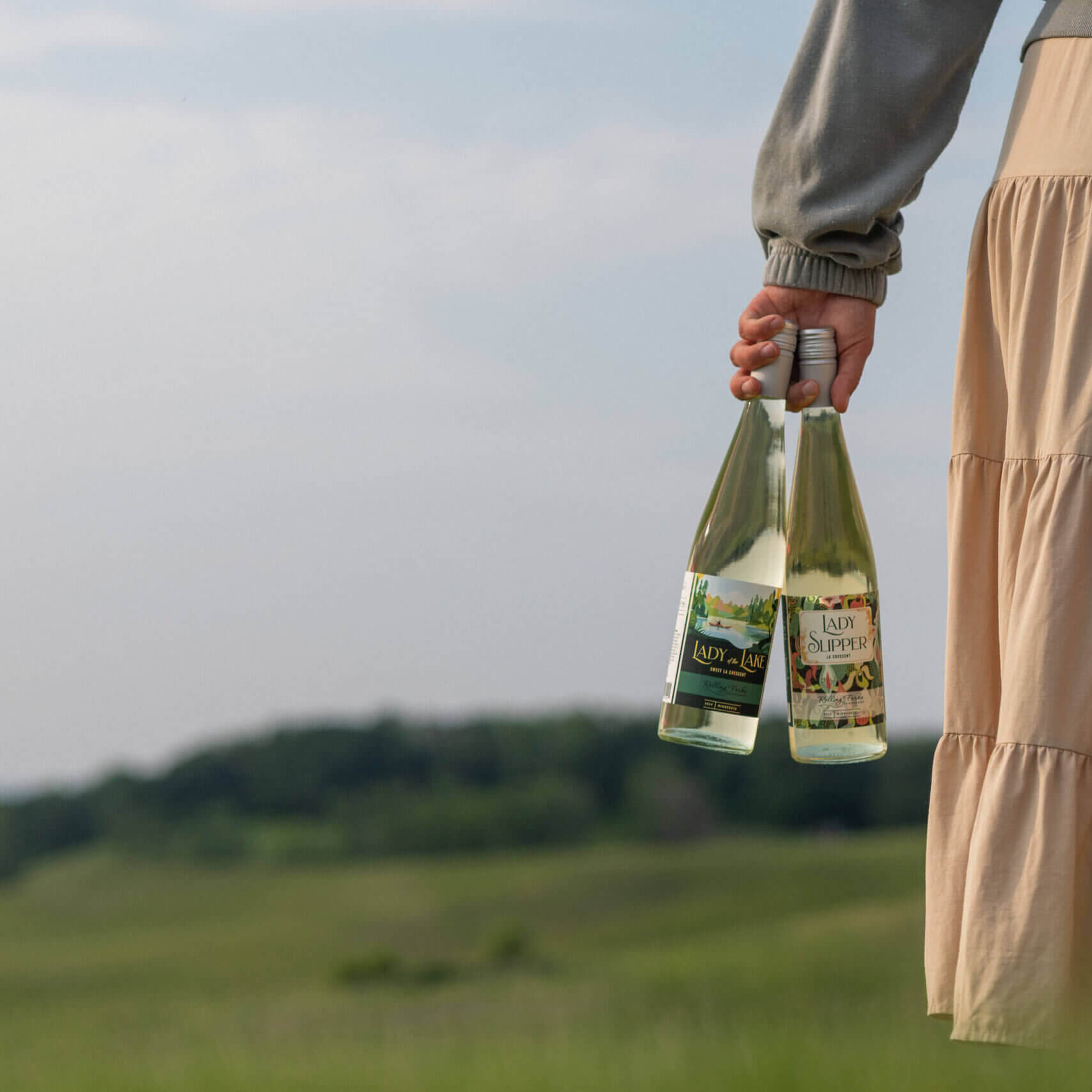 Lady carrying 2 bottles of white wine in the vineyards of Rolling Forks Vineyards, Glenwood, Minnesota