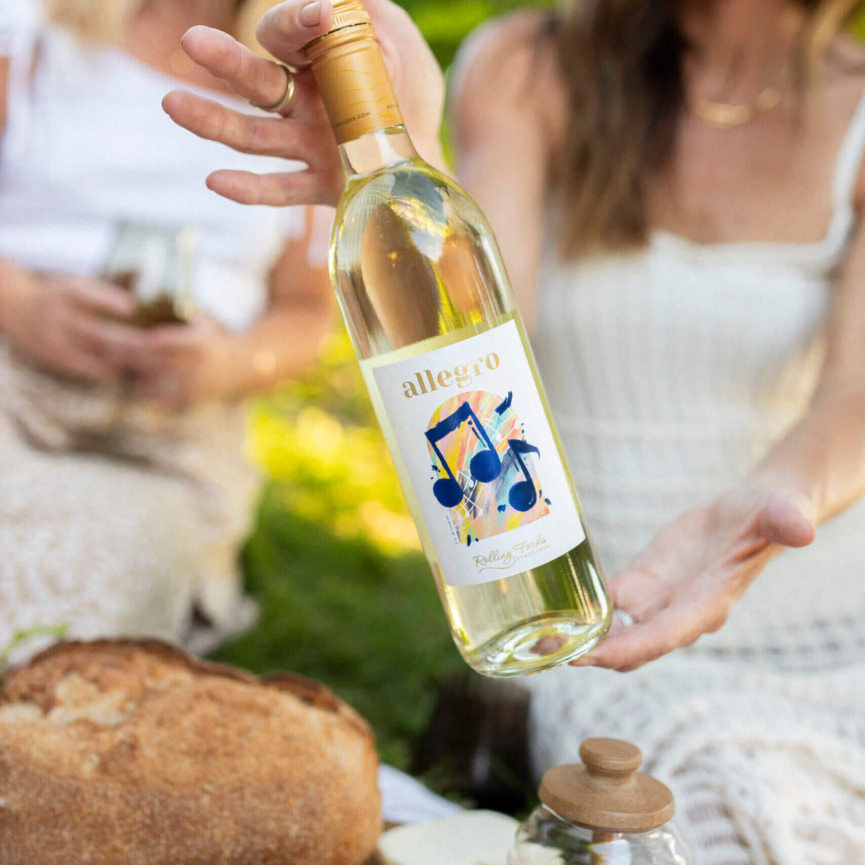 Rolling Forks Vineyards Allegro Brianna white wine bottle with a Gold medal, highlighting its tropical and crisp character.