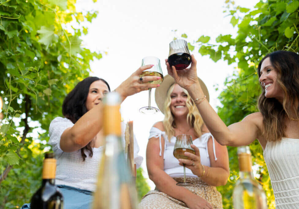 Friends, Ladies enjoying a picnic in the vineyards and drinking Rolling Forks Vineyards award-winning wines